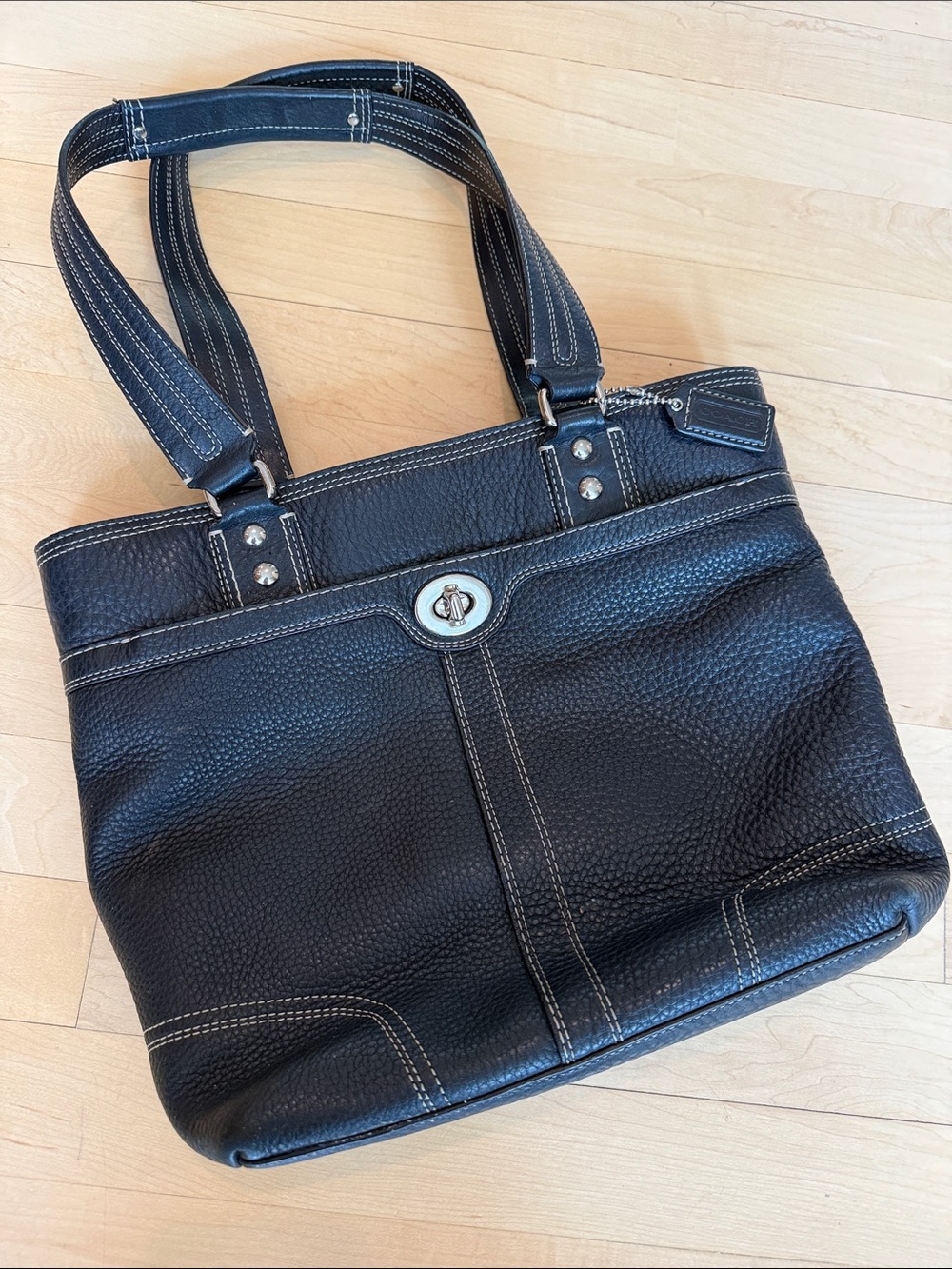 Coach Black Leather Tote Handbag with Turn-Lock Closure